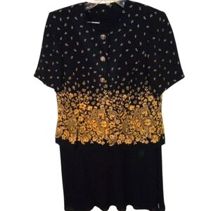 Vintage Skirt Set 2pc Leslie Fay Black & Gold Short Sleeved Midi Professional 10